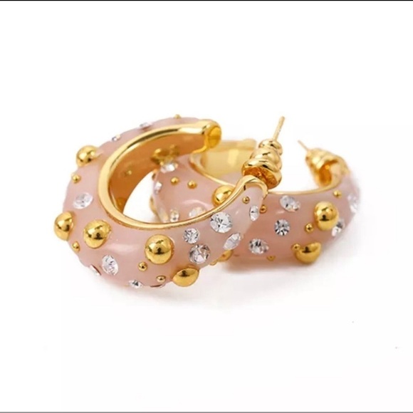 Celine Phoebe Philo Peach-Pink Enamel Hoop Earrings – Gold Studs & Crystals - Picture 1 of 6